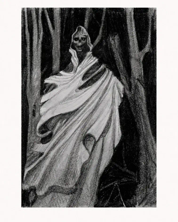 Pencil sketch of a skeletal ghost in a white veil in a forest